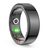 Bague connectée noire en acier avec des fonctionnalités intelligentes et un design moderne.