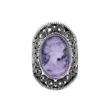 Camée bague avec anneau en alliage de zinc et pierre ovale violette.