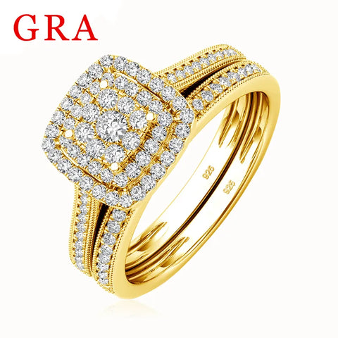 2PCS Yellow Gold Moissanite Engagement Rings set For Women 100% Real Pass Diamond Tester Wedding Band Jewelry Lover Couple Gifts