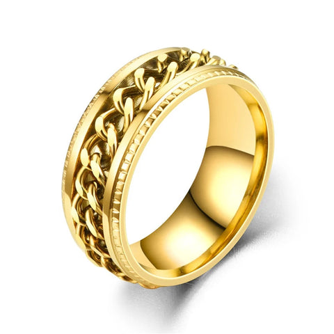 Bague anti stress homme dorée avec chaîne tournante.