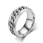 Bague anti stress homme en acier inoxydable argenté avec chaîne rotative.