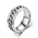 Bague anti stress homme en acier inoxydable argenté avec chaîne rotative.
