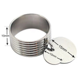 Bague avec médaille en acier inoxydable couleur argenté avec les dimensions de l'anneau et des deux pendentifs.