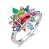 Bague cocktail multicolore en argent 925 avec pierre centrale rectangulaire et zircones colorées