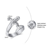 Bague couteau en acier inoxydable en forme d'épée avec les indications sur sa taille.