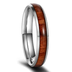 Bague en bois et en acier inoxydable couleur argentée, épaisse de 4 mm.