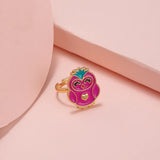 Bague fille à taille ajustable avec motif hibou rose et vert.