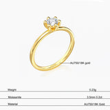 Bague fine or AU750 18 carats or jaune avec petite moissanite avec les informations sur sa conception.