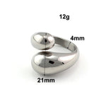 Bague goutte d'eau couleur argentée fabriquée en acier inoxydable, avec ses dimensions.