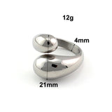 Bague goutte d'eau couleur argentée fabriquée en acier inoxydable, avec ses dimensions.