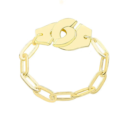 Bague menotte en acier inoxydable couleur dorée avec un anneau en chaîne.