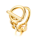 Bague originale en acier inoxydable doré avec un anneau en chaîne et un cercle.