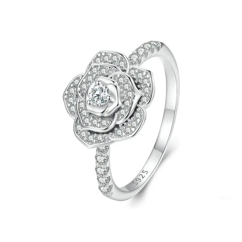 Bague rose en argent sterling 925 avec une fleur sertie de zircons.